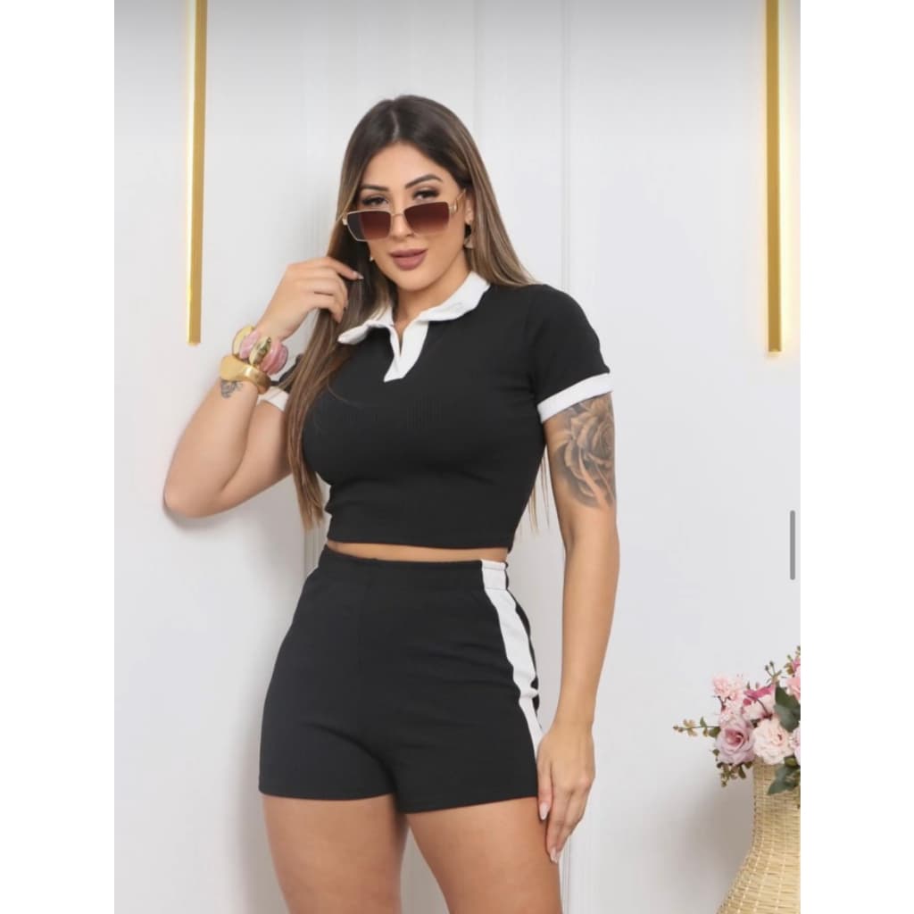 Conjunto Feminino Short e Cropped Estilo Polo Elegante Com Listra Lateral tam. Único 36 ao 42