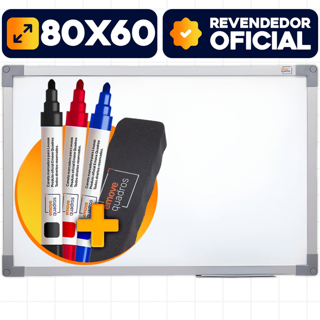 Lousa Quadro Branco 80x60 Moldura Soft Alumínio + 3 Marcadores Pincel + 1 Apagador Escolar Aula