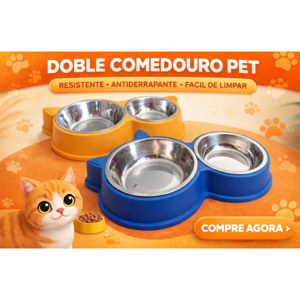 Comedouro Duplo Pet Inox Antiderrapante para Cachorro e Gato – Tigela Dupla Resistente