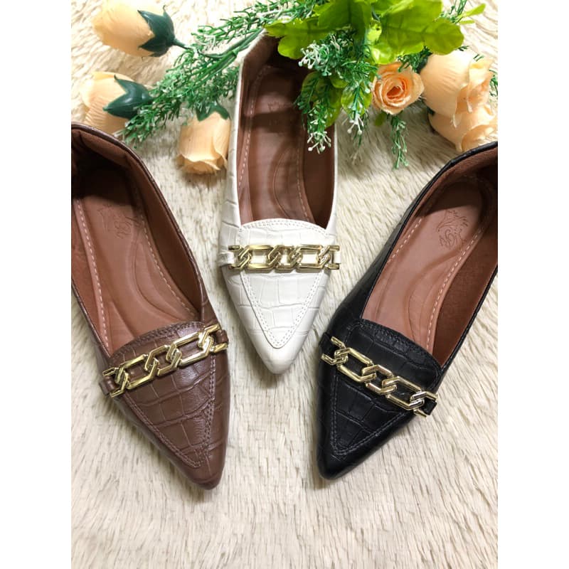 Sapatilha Feminina Bico Fino Croco com Corrente Dourada Loafer Confortável Feminina Elegante - Exclusiva - Moda