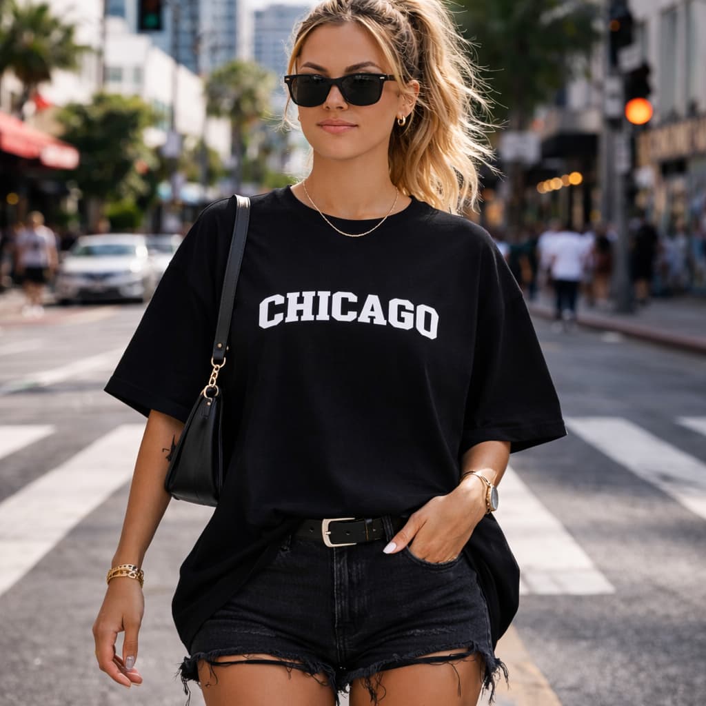 Camiseta Oversized Feminina Chicago Estampada Streetwear Moda Casual Tumblr 100% Algodão