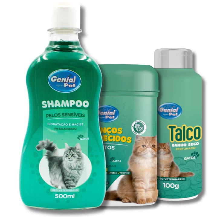 Kit Shampoo Pele Sensível, Talco e Lenço para Gatos