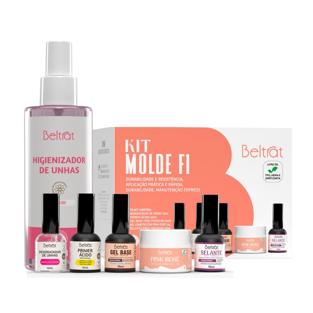Beltrat - Kit Molde F1 Pink Rose 14g + Preparadores + Higienizador de Unhas