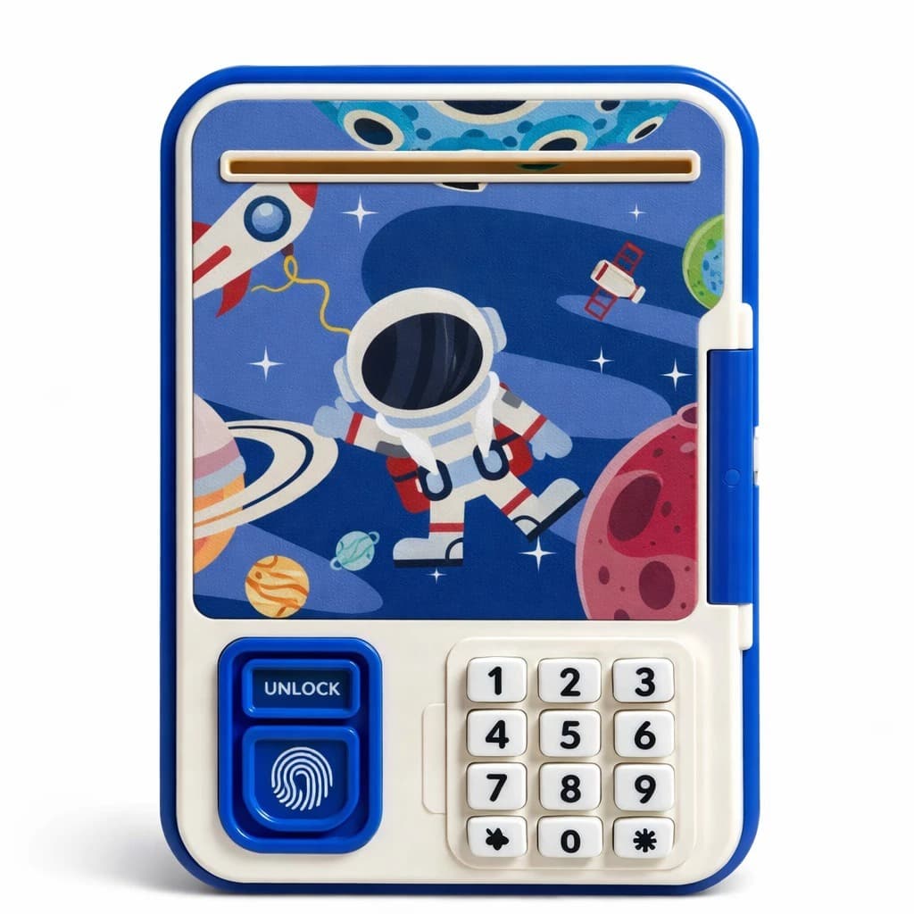 Cofre Eletrônico Infantil Com Senha E Digital Nota E Moedas Astronauta Azul Covei Toys