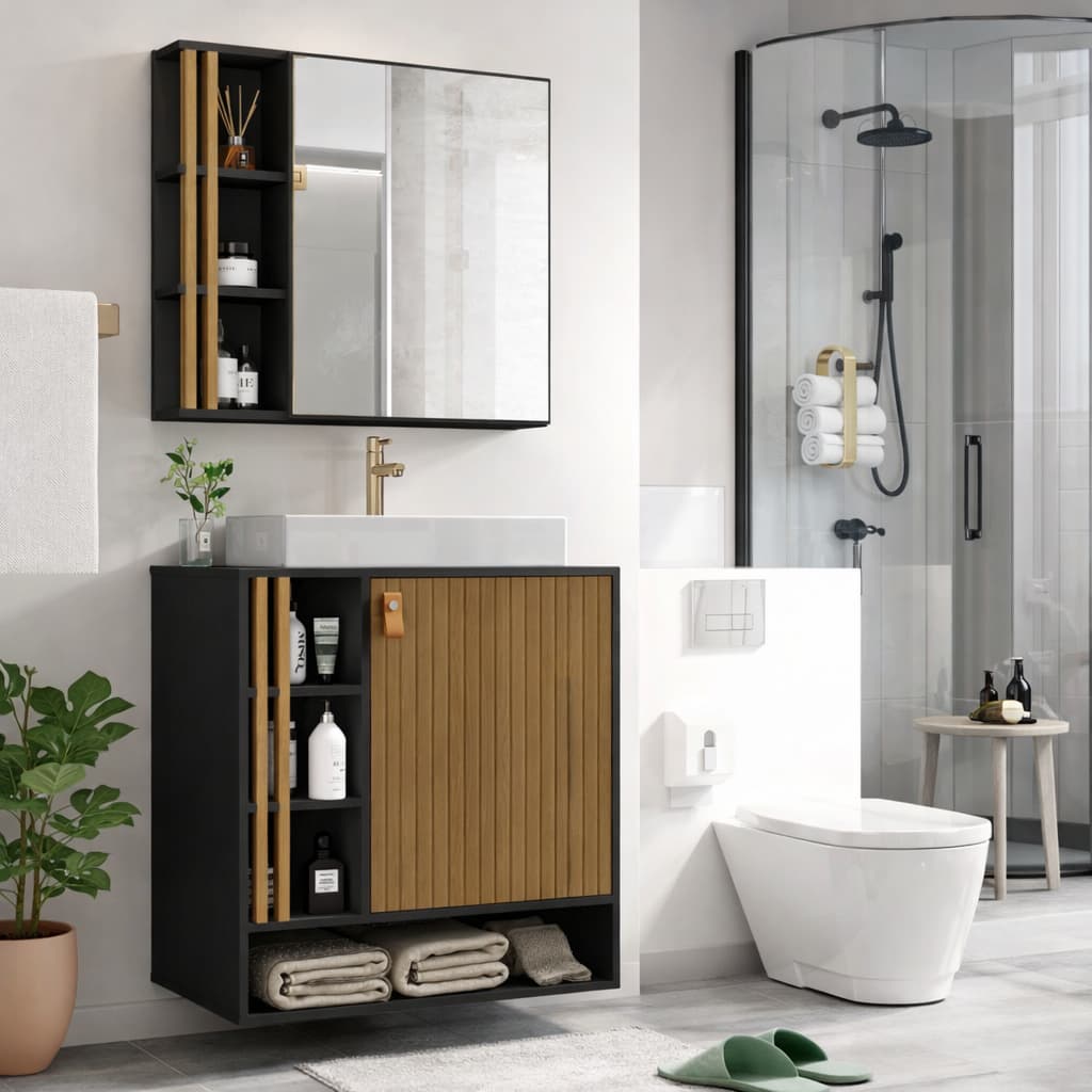 Kit Completo Gabinete Banheiro Suspenso Espelho com Armário Porta Ripada Cuba e Nichos Laterais 60cm