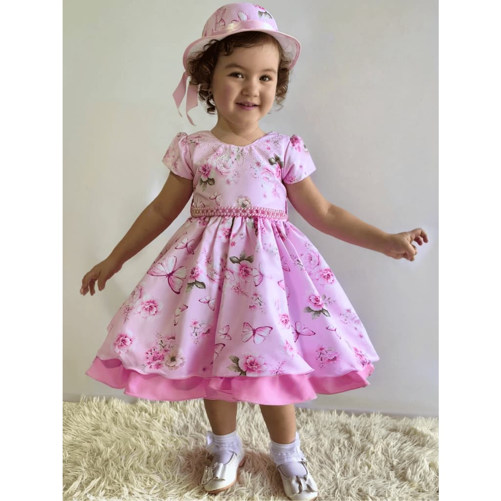 Vestido Com Chapéu Borboletas Rosa - 1.2.3