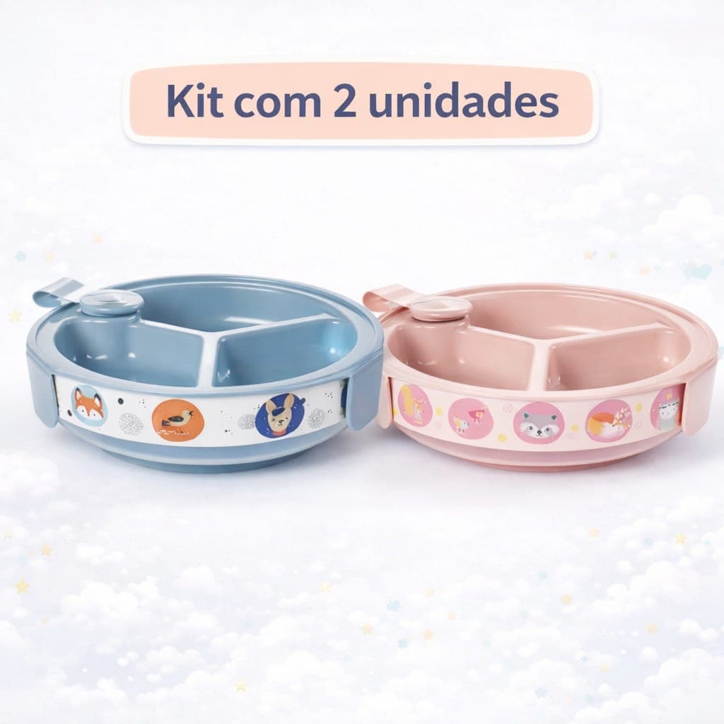 Kit com 2 Pratos Térmicos Infantis com Ventosa e Divisórias Pratos de Papinha Bebê