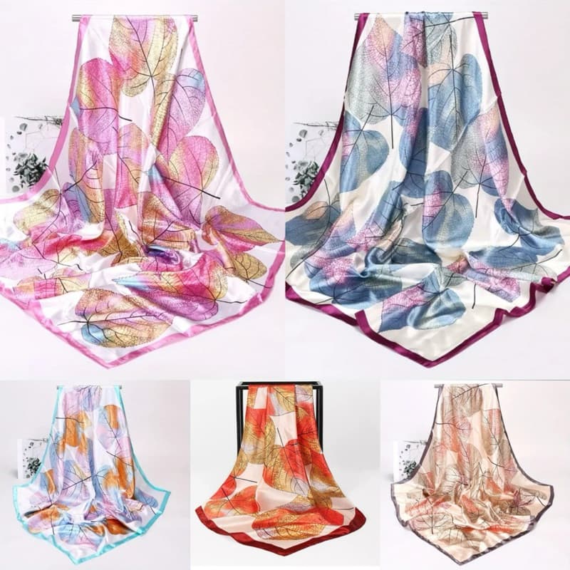 Lenço 90x90 cm Quadrado de Cetim com Estampado de Folhas, Cachecol Corta-Vento, Lenço de Imitação