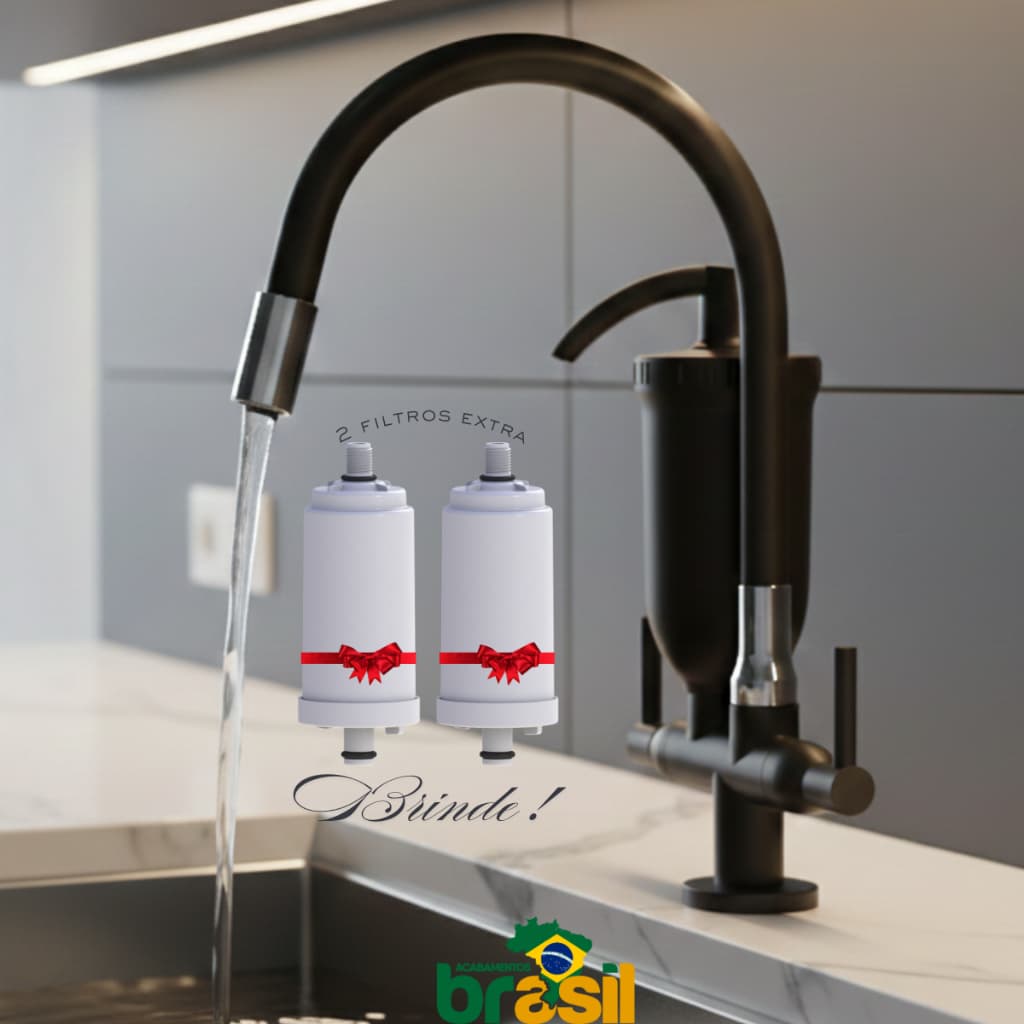 Torneira Preta Filtro Pia Cozinha Bancada Flexível Gourmet com Refil vela carvao ativado + 2 filtros