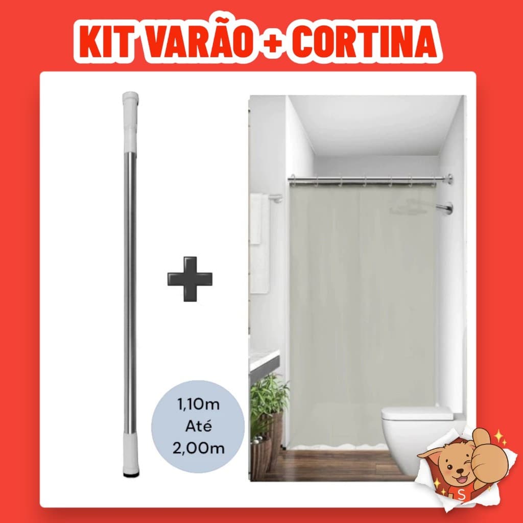 Kit Varão + Cortina para Box Banheiro Bege Tecido Poliéster Bastão Extensível Alumínio 1,10 á 2,00m