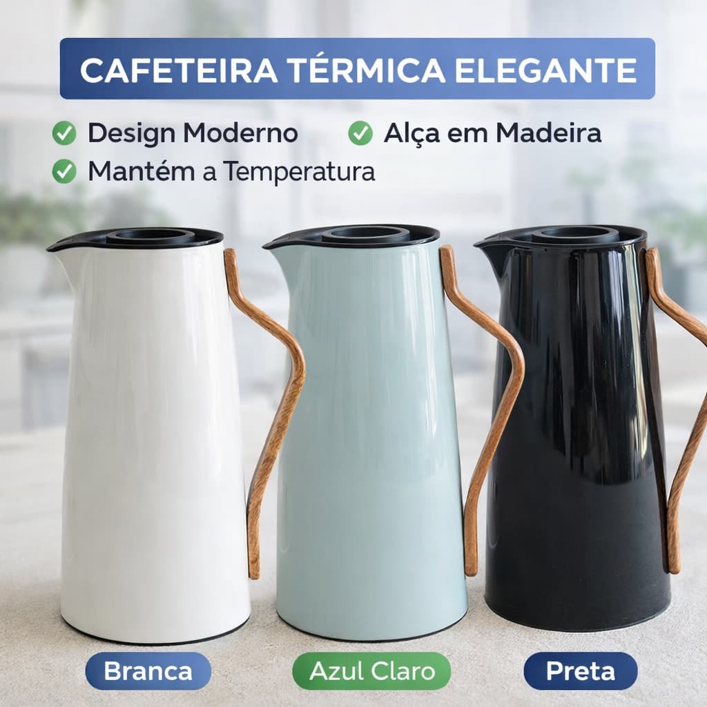 Garrafa Térmica Cafeteira Kyoto 1Litro  Alça Madeira Cafe Chas para Cozinhas Preta Branca Cinza