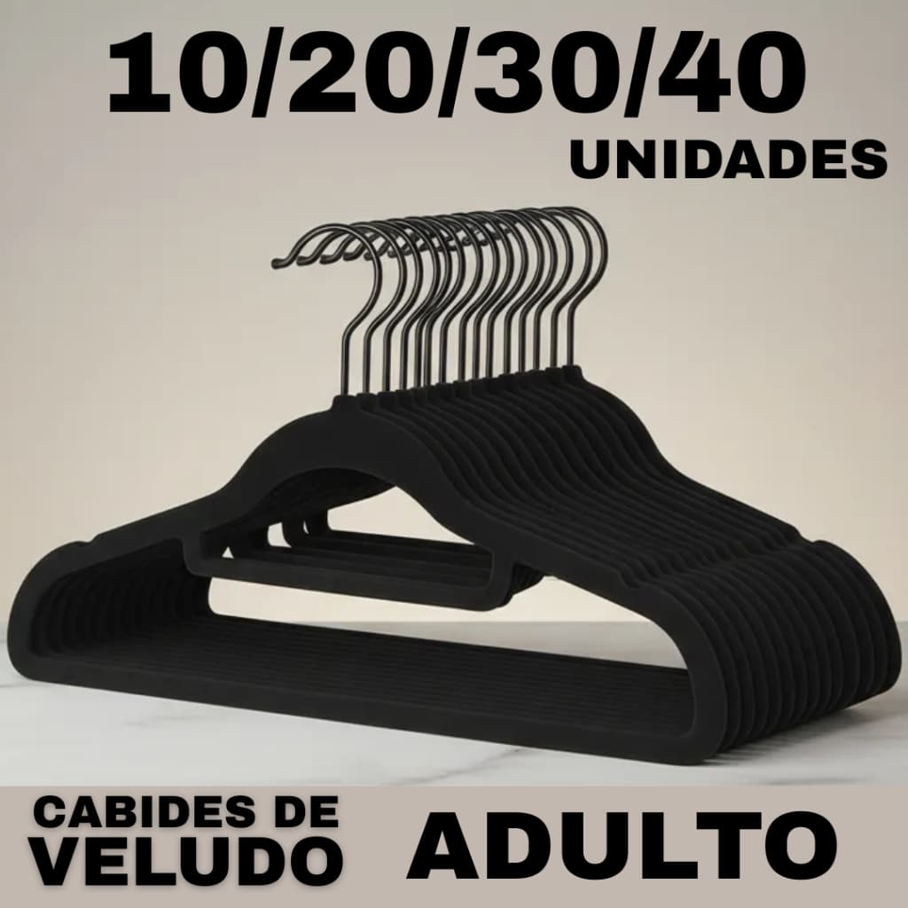 Kit 10/20/30/40 Cabides Veludo Adulto Slim Antiderrapante Preto Organizador Closet Armário