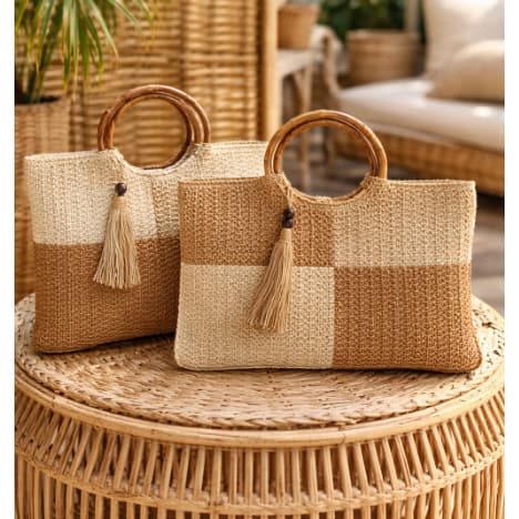Bolsa de Palha Feminina com Alça de Bambu E Zíper |  Praia Verão Boho Chic