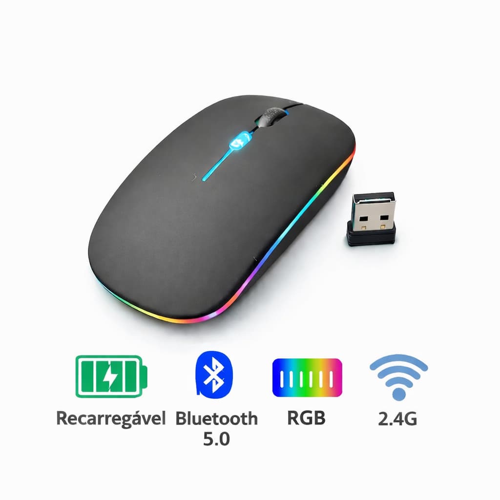 Mouse Sem Fio Recarregável B-MAX BM-615 Bluetooth 5.0 + 2.4G RGB 1600 DPI Ultra Fino Silencioso
