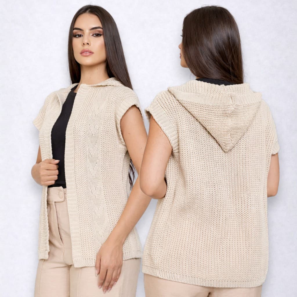 Colete Aberto Com Capuz Feminino em Tricô Moderno Elegante Inverno 2026