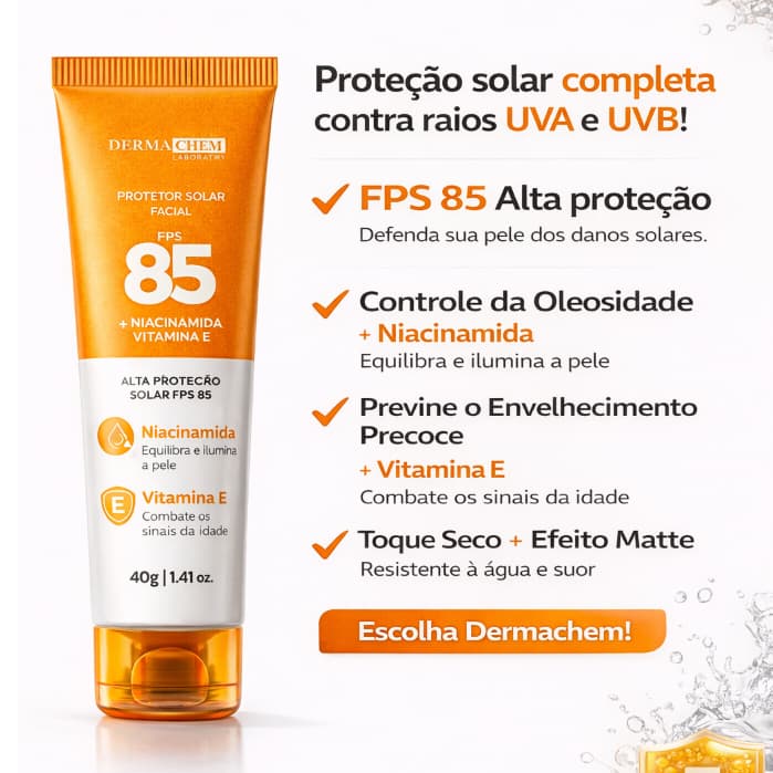 Protetor Solar Facial 85 FPS Efeito Matte Antioleosidade com Niacinamida e Vitamina E Dermachem