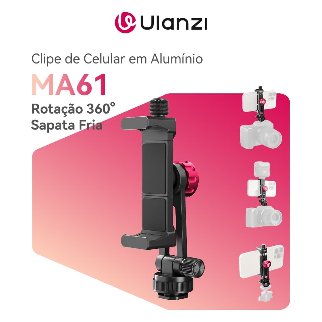 ULANZI MA61 Clipe de Celular em Alumínio 360° com Cold Shoe, para iPhone e Samsung, Vlog e Tripé
