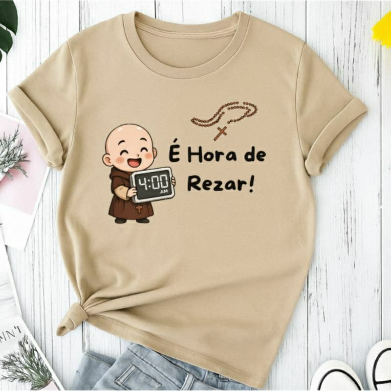Camiseta Camisa Blusa Feminina Frei Gilson Hora De Rezar Fé Católica Igreja Moda Cristã Religiosa