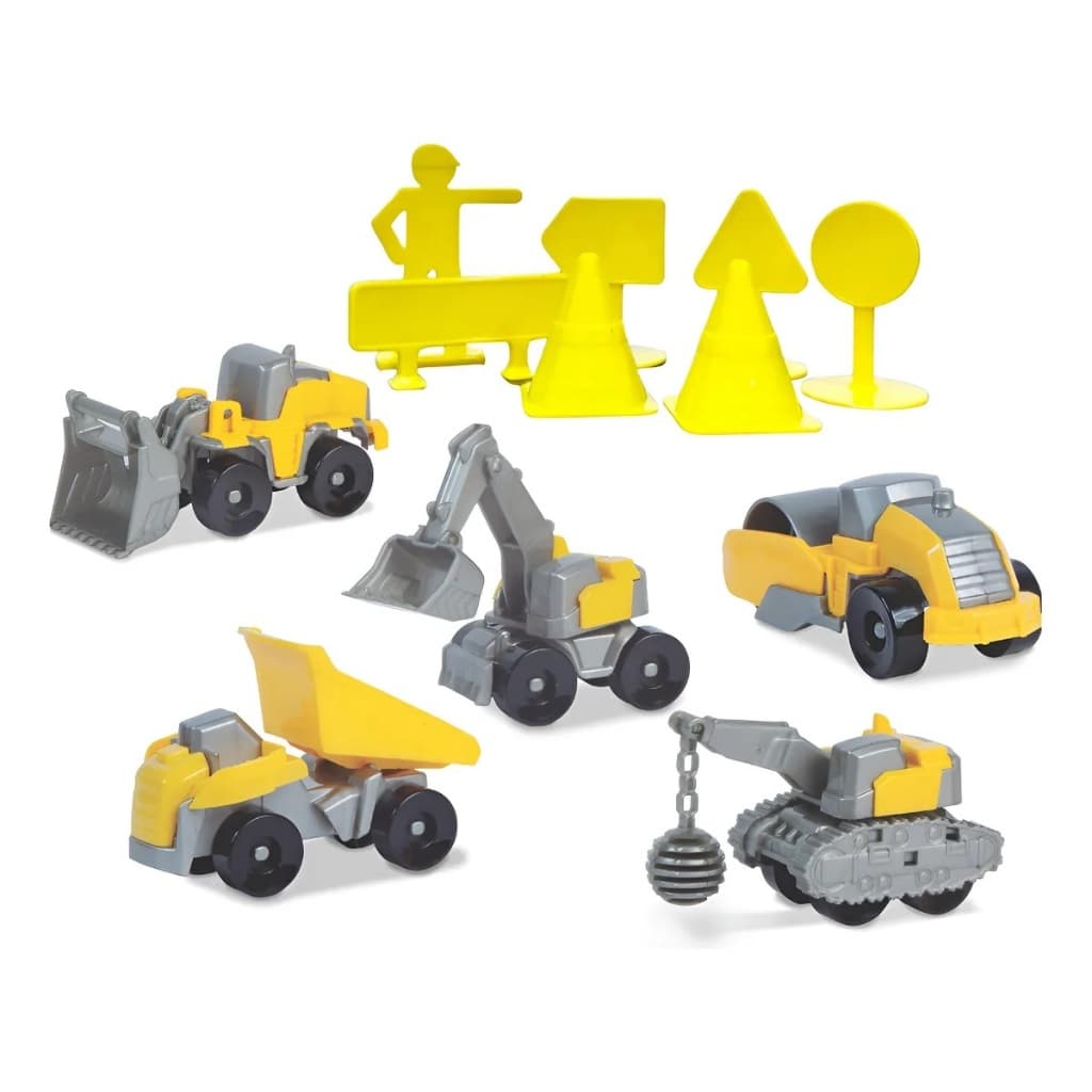 Kit Construção Caixa 5 Peças E 7 Placas Sinalização Trator Amarelo