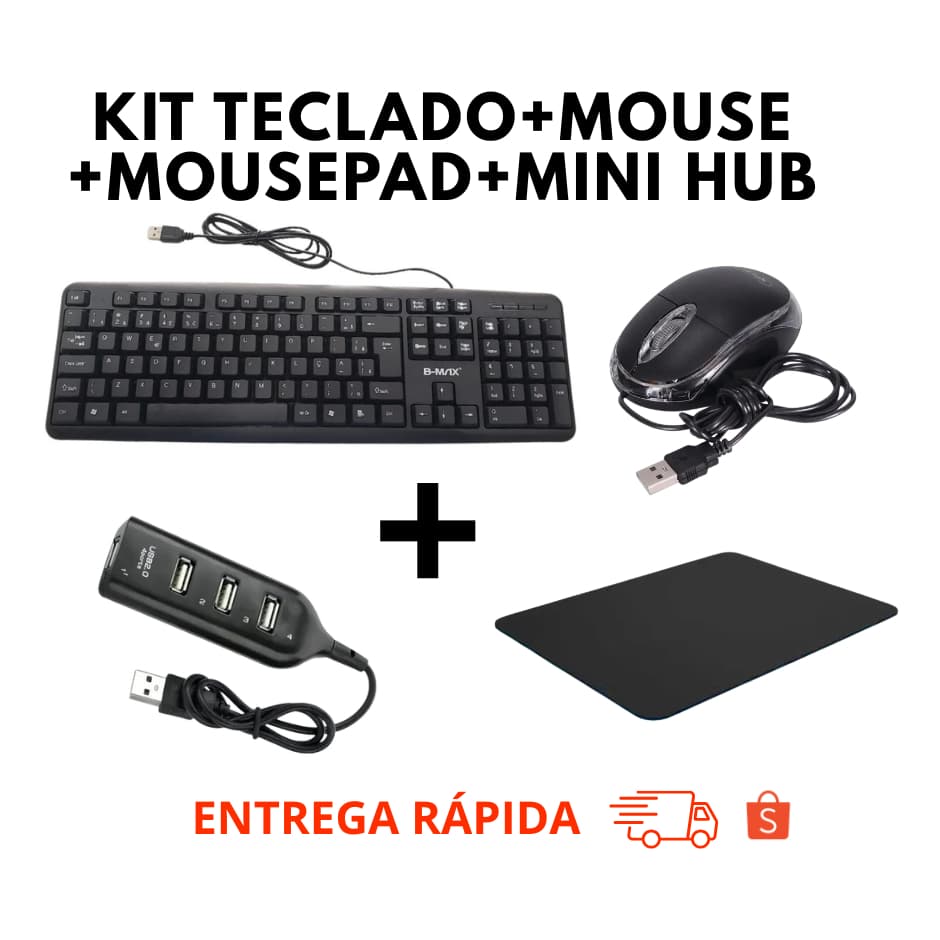 Combo Home Office & Gamer 4 em 1 - Teclado + Mouse + Mousepad + Mini Hub USB