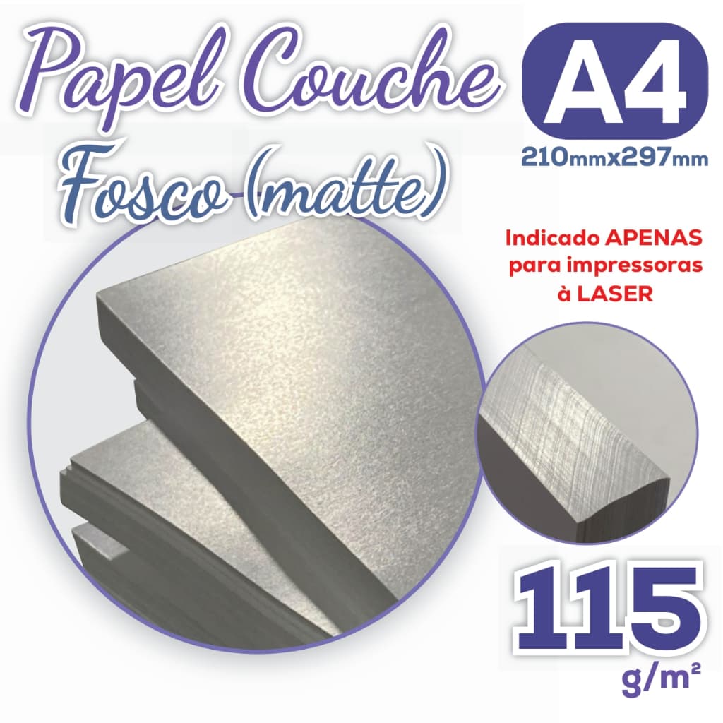 Papel Couche Fosco A4 115g Pacote com 50 Folhas - Acabamento Matte Branco Liso 210x297mm P/ Laser