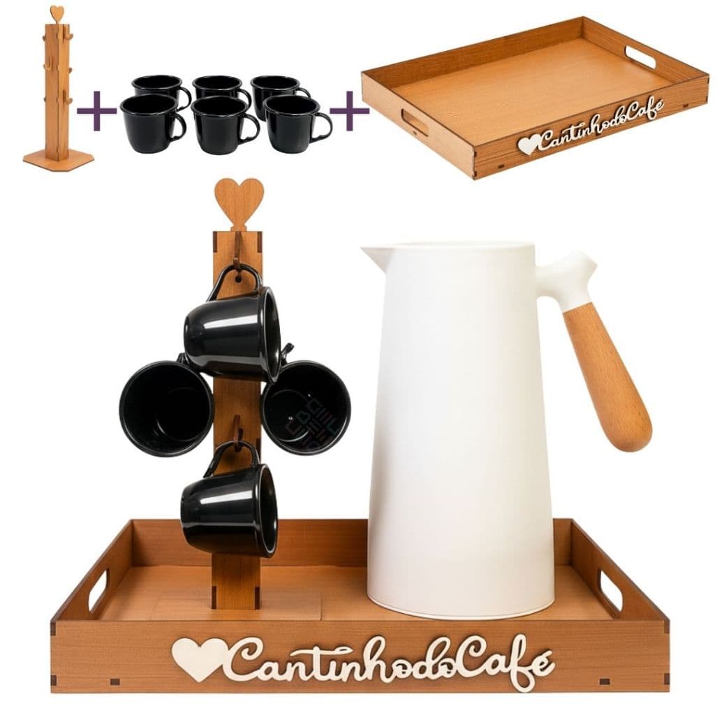 Conjunto Bandeja Cantinho Do Café MDF Com Canecas E Suporte Para 6 Xícaras Organização Multiuso