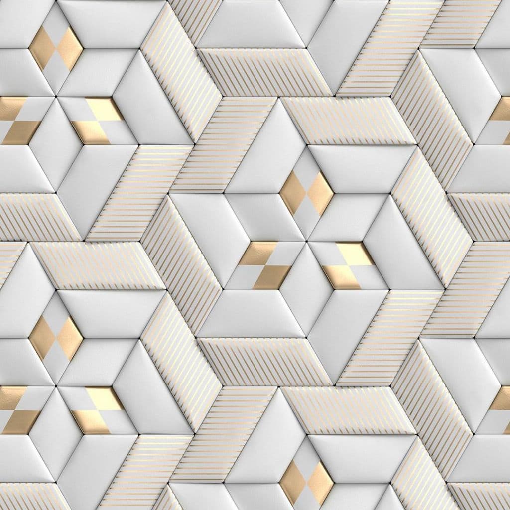 PAPEL DE PAREDE ADESIVO GEOMETRICO 97 FUNDO BRANCO E DOURADO 3D LAVAVEL P/SALA QUARTO 50 CM DE LARG.