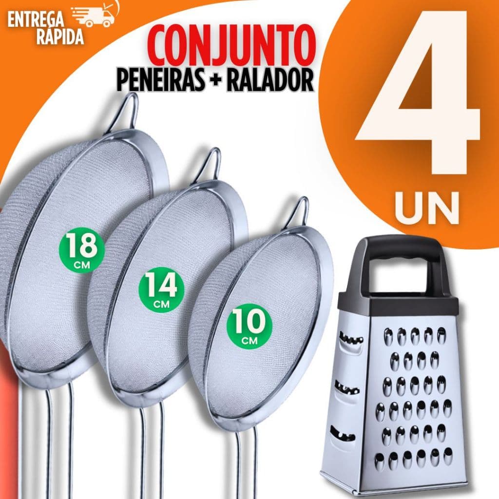 Jogo 4 pcs  -  Peneira Coador Manual Aço Inox 3 Tamanhos 14cm 10cm 18cm + 1 Ralador 4 faces Premium