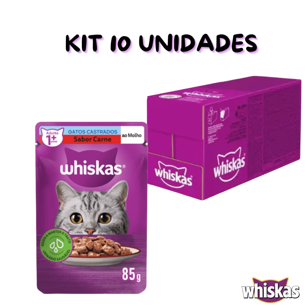 SACHÊ WHISKAS CASTRADO SABOR CARNE AO MOLHO  85G KIT 10 UN