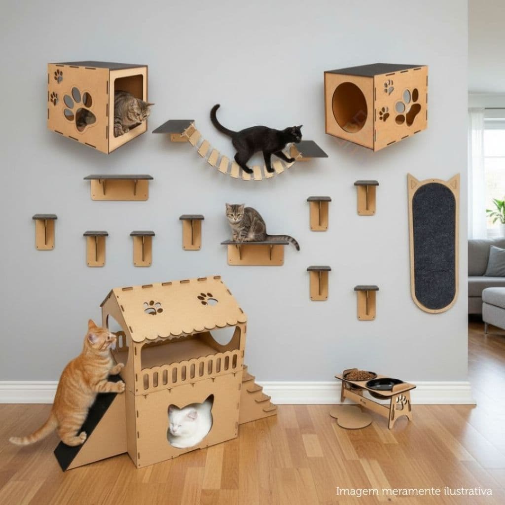 Kit Playground Modular Para Gatos Em MDF 10 Combinações De 7 A 23 Peças Diversão E Bem Estar