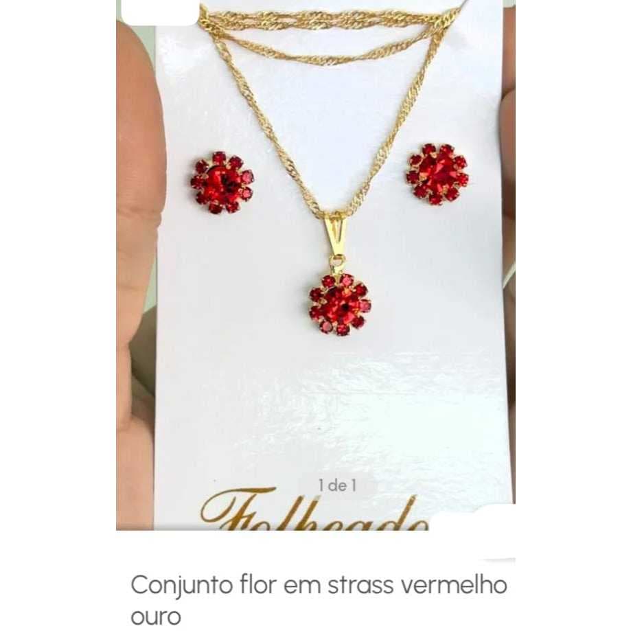 kit Colar E Brincos Dourados Com Flor Em Strass vermelho