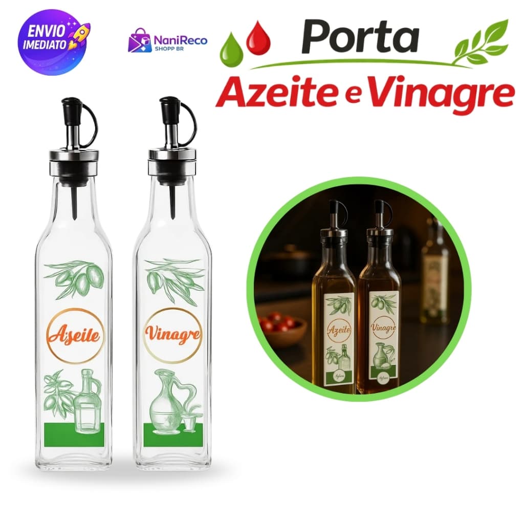 Kit Porta Azeite e Vinagre 300ml para Azeite e Vinagre com Dosador  Garrafas de Vidro Ideais para Cozinha e Restaurante