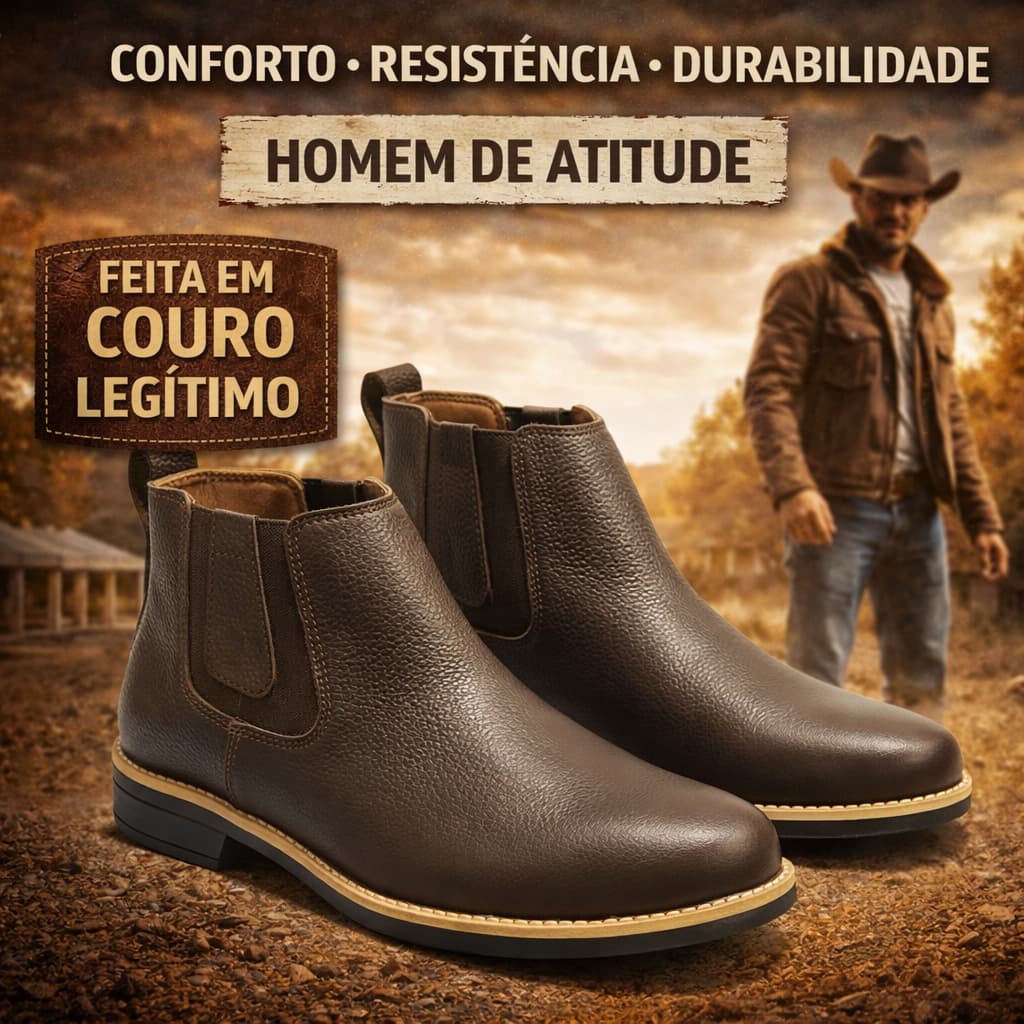 Bota, botina em couro legitimo, lida, passeio, estilo, conforto e durabilidade.