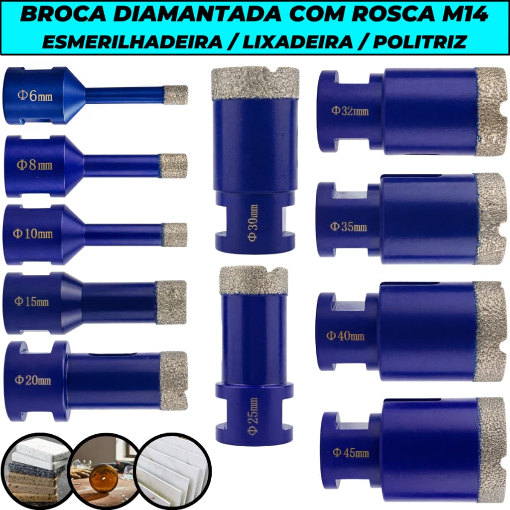 Broca Serra Copo Diamantada Eletrolítica Rosca M14 Esmerilhadeira Vidro Porcelanato Mármore Granito