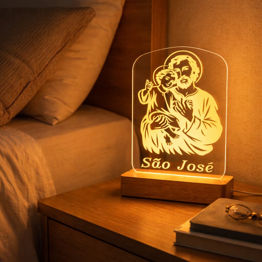 Luminária LED de acrílico SÃO JOSÉ - 25CM - Abajur 3D - Base de MADEIRA Luxuosa!
