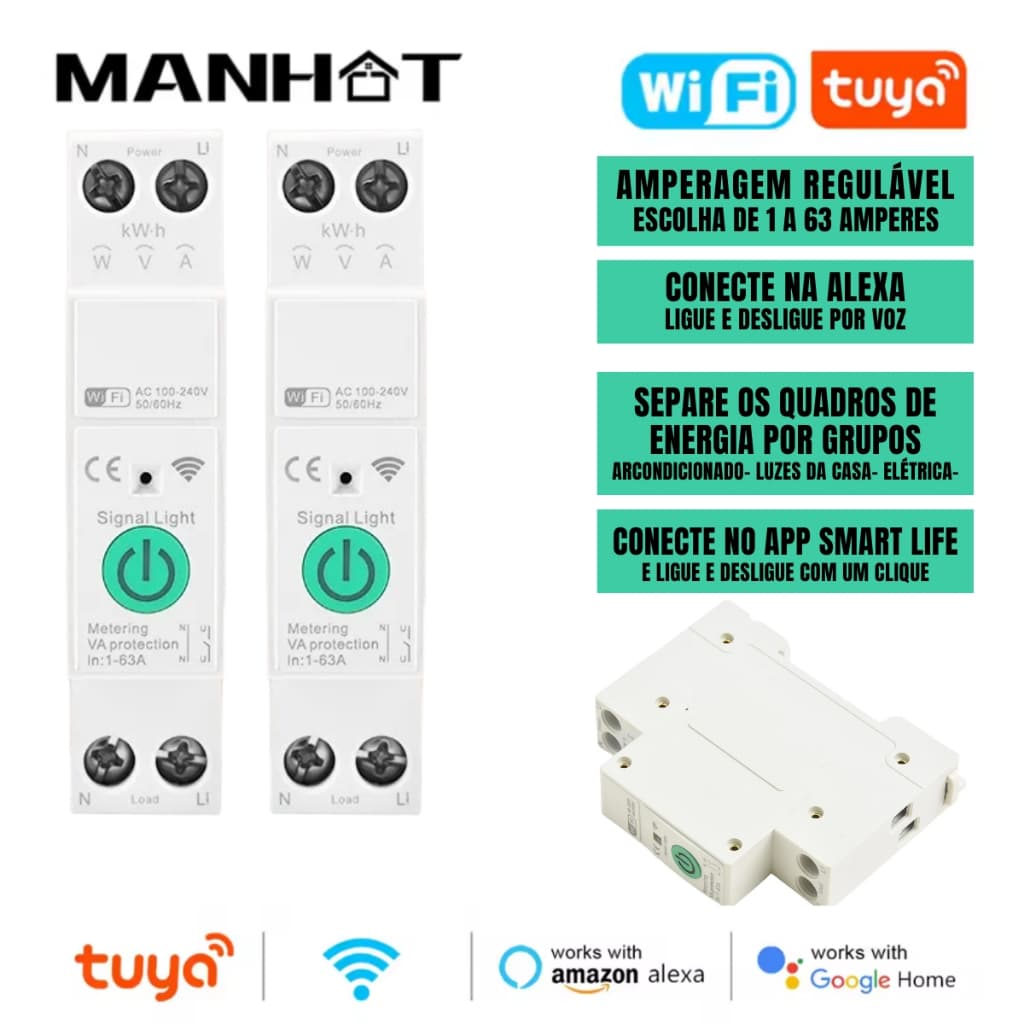 Kit 2 Disjuntor Wifi 63a Tuya Smart Life Medidor Energia 127/220v Corrente Ajustável Disjuntor Inteligente Alexa Google