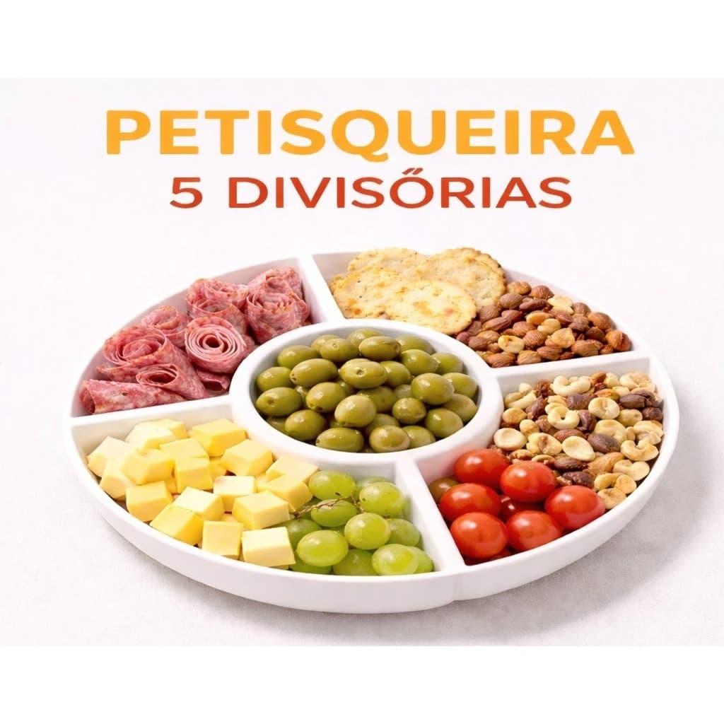 Kit 5 Petisqueiras 25 cm Petiscos Prato Redondo Petisqueira 5 Divisórias Queijos Amendoim Fondue