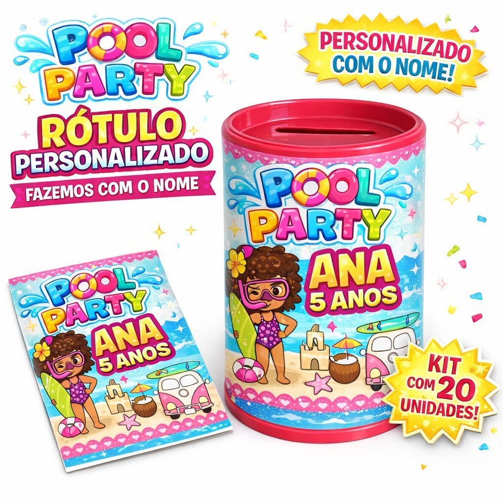 Kit 65 Rótulo Adesivo Tema Pool Party Personalizado cofrinho/bolinha de sabão/Tubete Aniversário, Lembrancinha