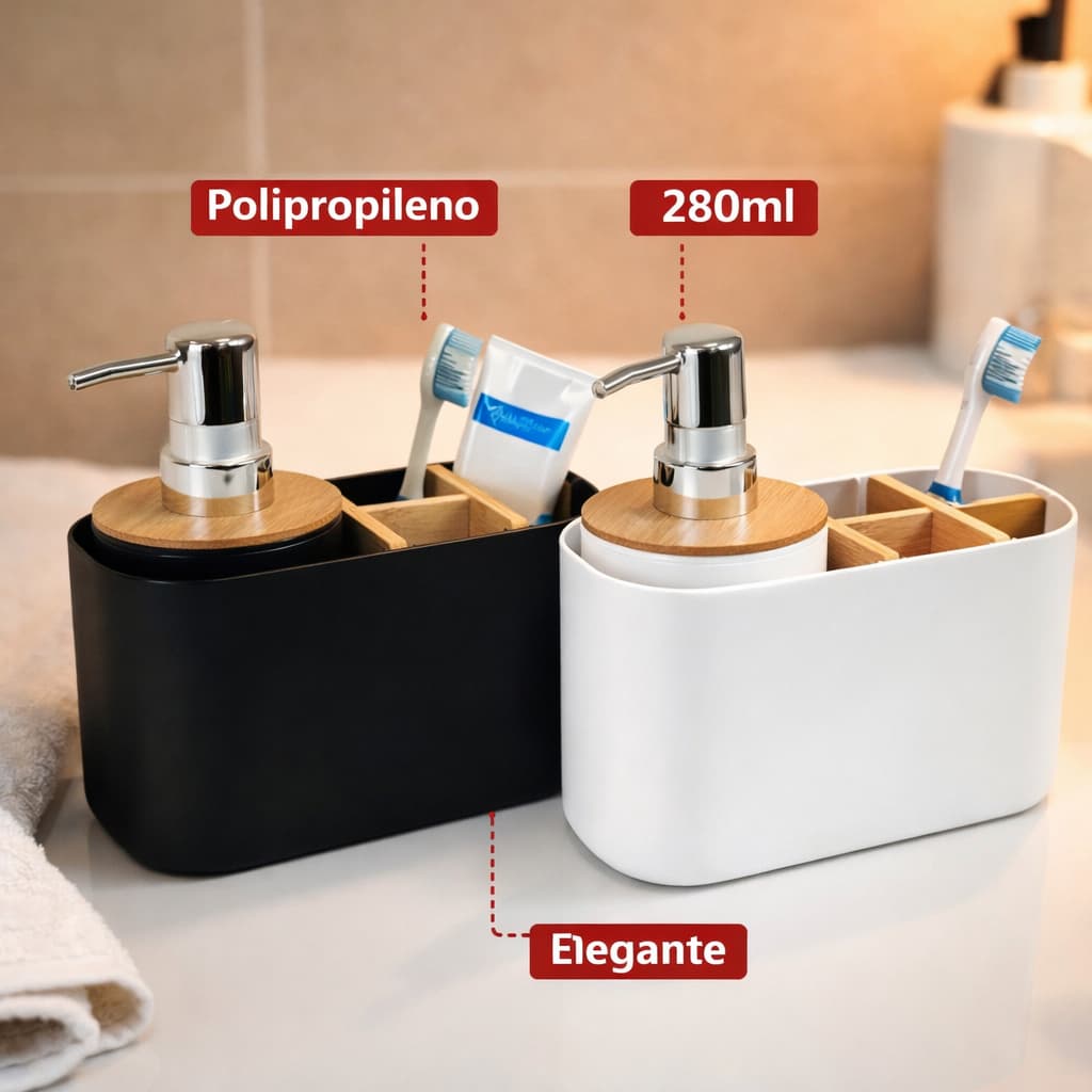 Dispenser Sabonete Líquido Detergente 280ml Pia Bancada Organizador Banheiro Porta Escovas Bambu