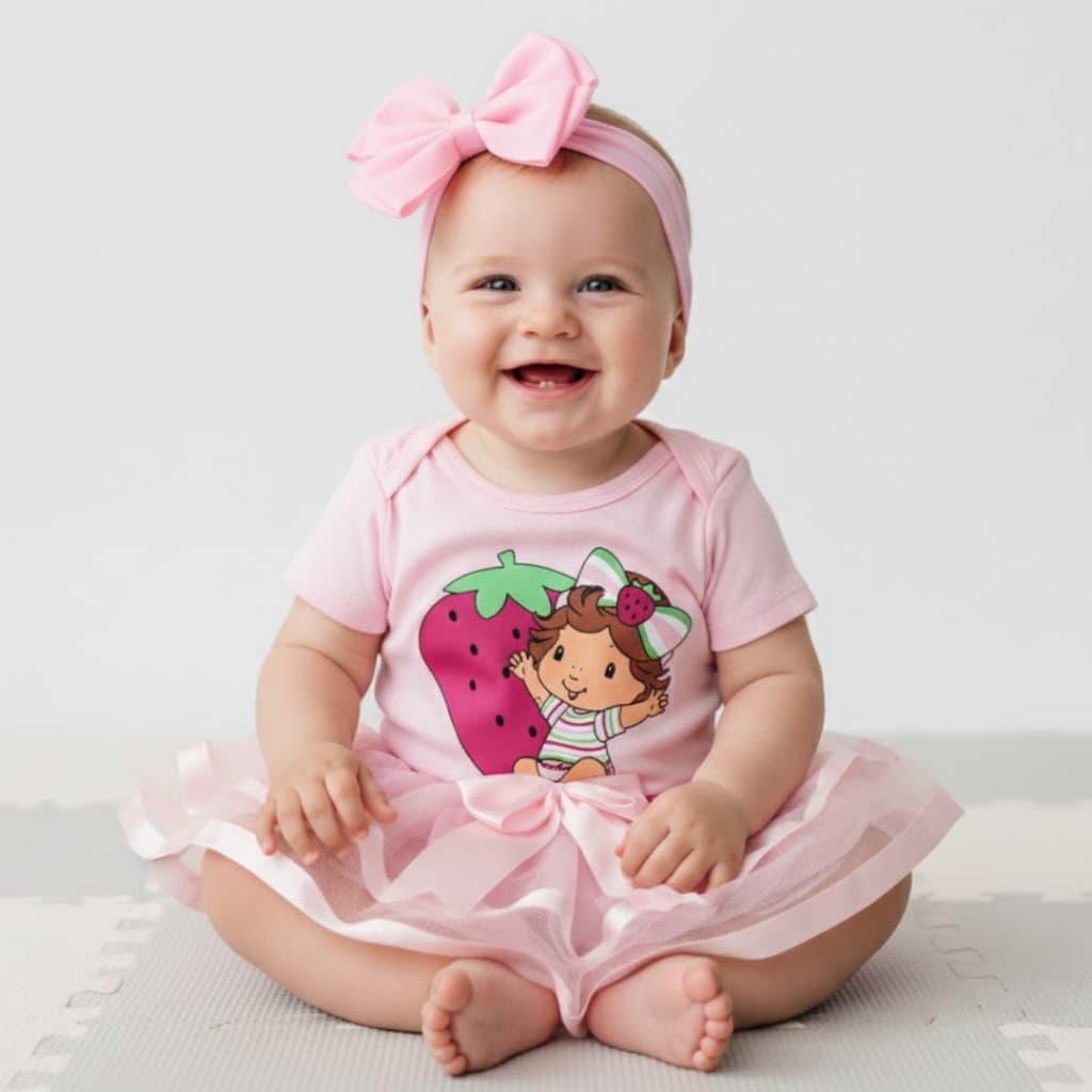 Body bebe Fantasia Mesversario Menina da Moranguinho Boneca - Suedine 100% Algodão