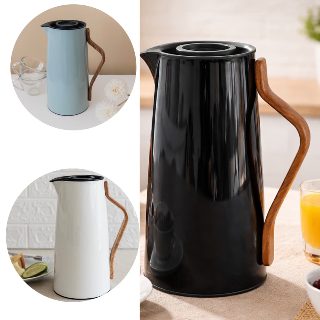 Garrafa Térmica Kyoto 1 Litro Preta Cinza Branca Café Chá Moderna Elegante Mesa Posta Conserva Quente e Frio Cabo Bamboo