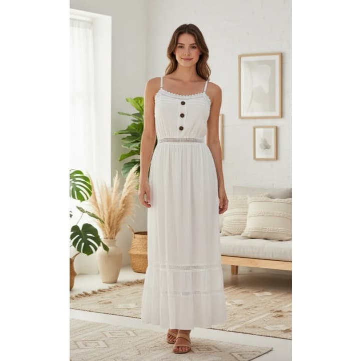 Vestido Longo Feminino Elegante com Botões Frontais e Cintura Marcada Casual Festa P M G