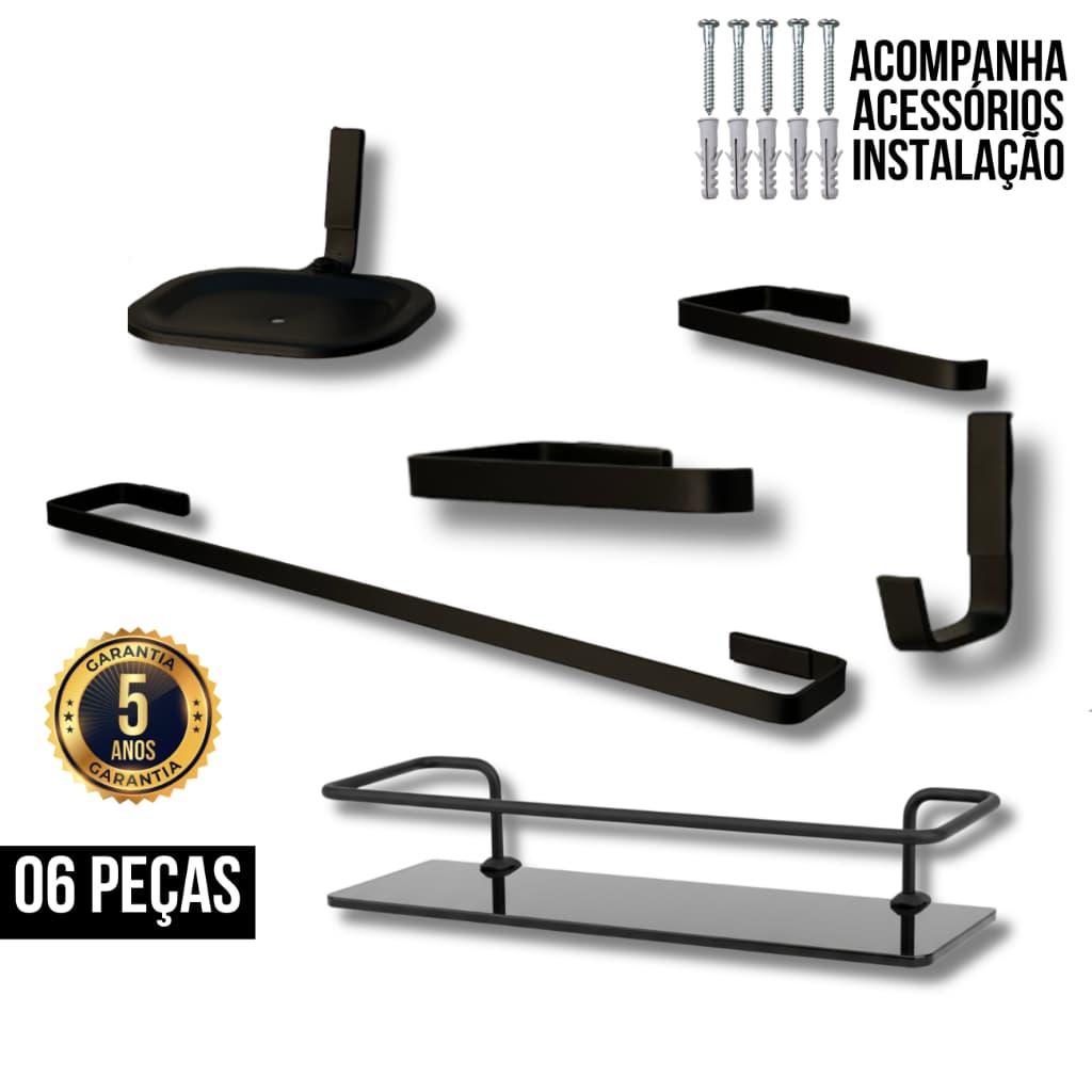 Kit Acessórios De Banheiro Completo Luxo Quadrado Preto Inox Alumíno Com Porta Shampoo Vidro Fume Organizador