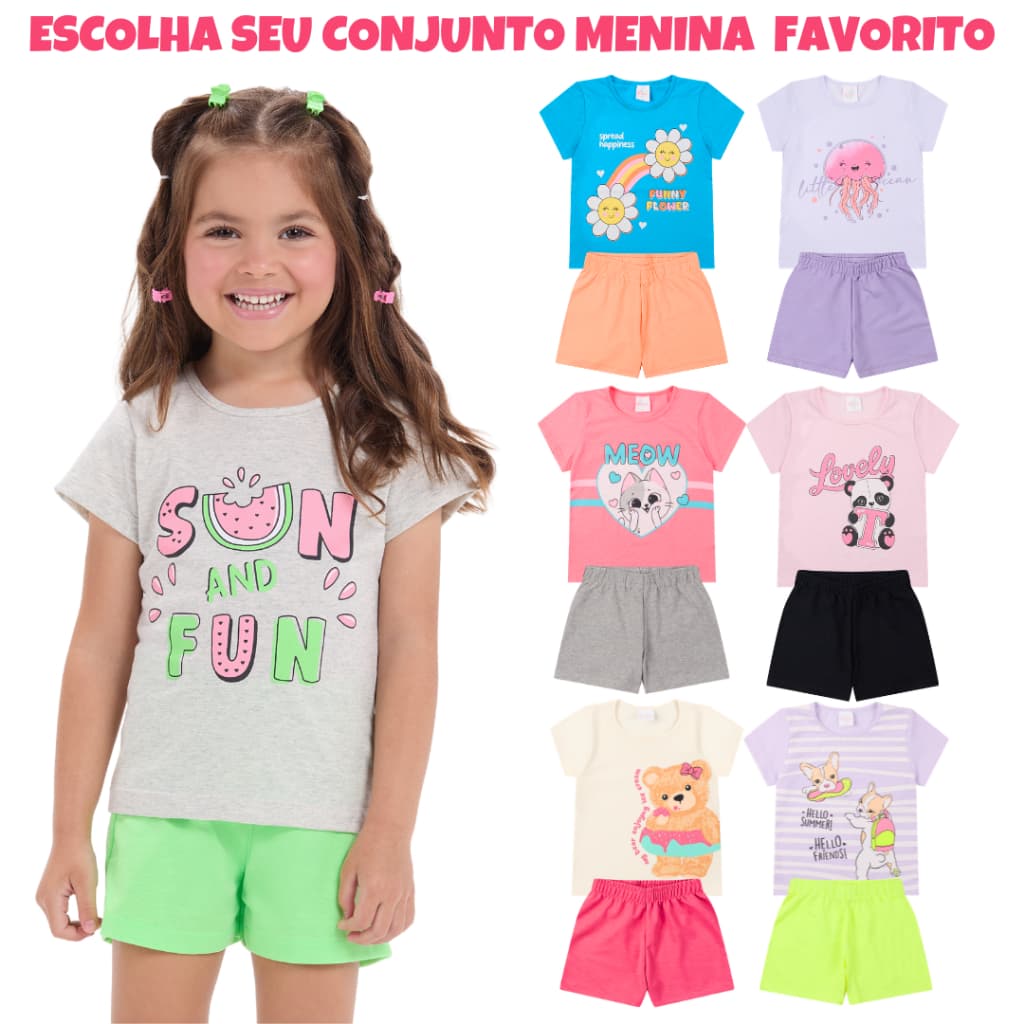 Conjunto Infantil Menina Verão Camiseta + Bermuda 2 ao 8 anos