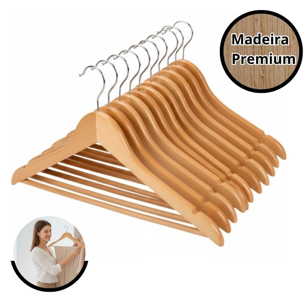 Kit Cabides de Madeira para Organização de Armário e Lojas, Madeira Premium e Gancho Cromado, Roupas
