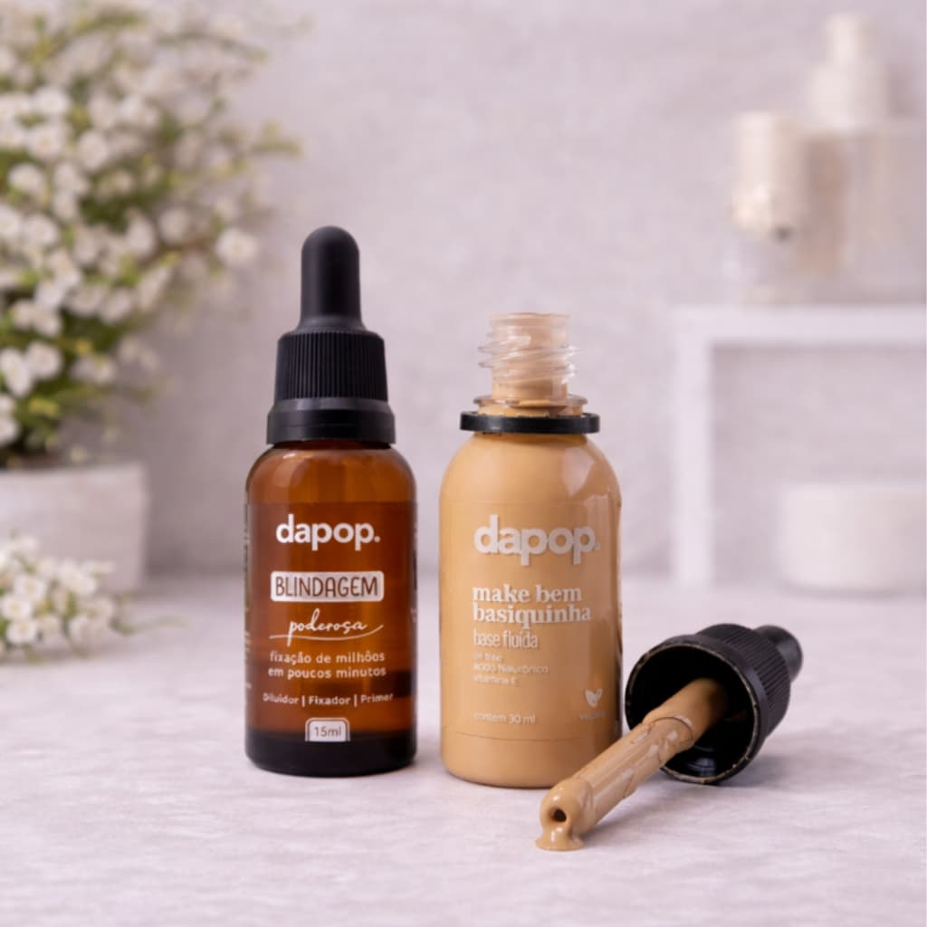 Kit Base Fluida Make Basiquinha Dapop + Blindagem de Maquiagem Primer, Fixador e Diluidor Dapop