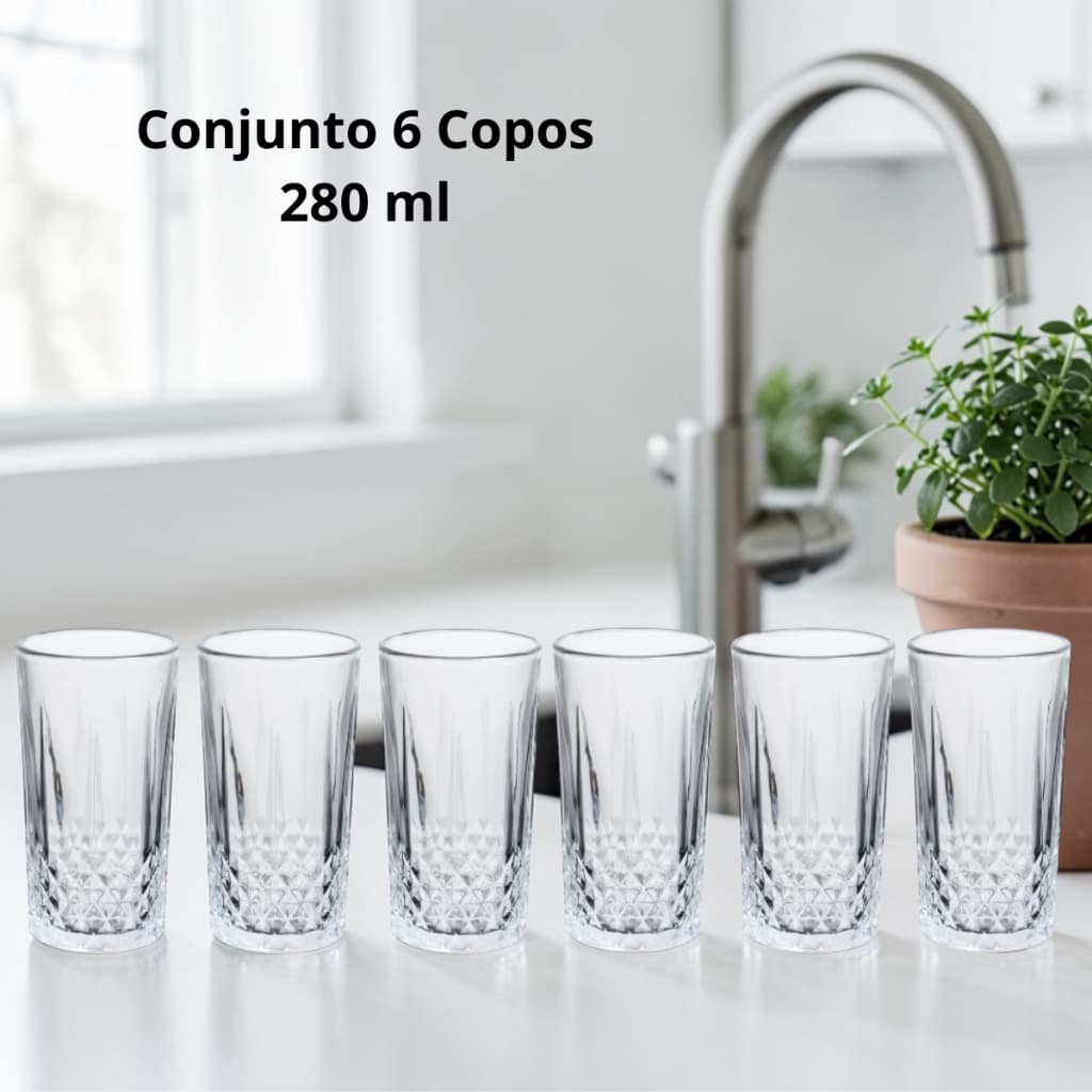 Jogo 6 Copos Vidro Transparente 280ml Resistente Luxo