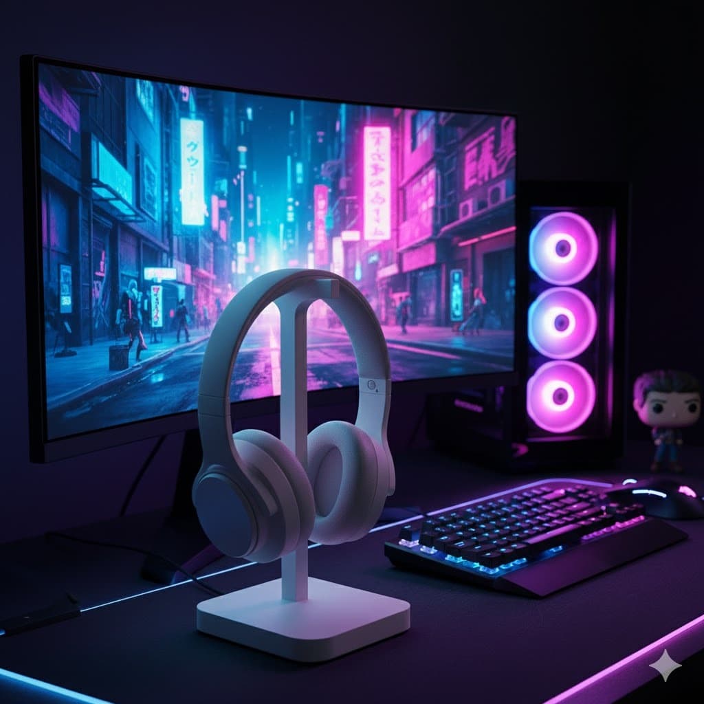 Suporte de Fones Headset Gamer Universal Preto e Branco - Organizador de Mesa Setup, Para fones