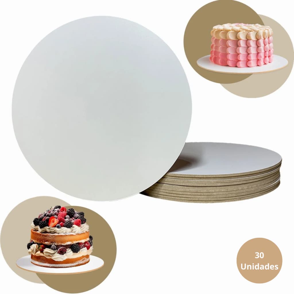 Kit 30 Cake Board 25cm PREMIUM MDF 3mm Redondo de Bolo Tabuleiro Confeitaria + Chaveiros Confeitaria