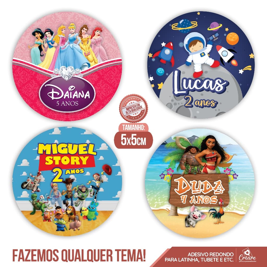 Kit Adesivos / Rótulos 5cm - QUALQUER TEMA - Adesivo p/ Latinha, Tubete, Lembrancinha personalizada